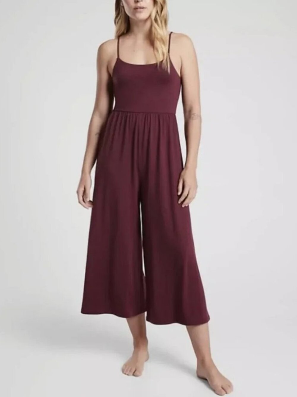 Athleta Womens Deep Burgundy Nighttime Bliss Wide Leg Sleep Romper Lounge Soft M